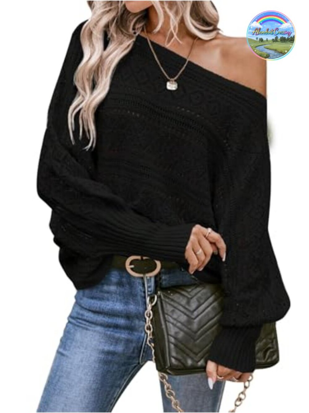 Off Shoulder Oversized Knit Pullover Sweater Batwing Sleeve